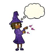 cartoon witch casting spell with thought bubble N5