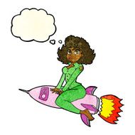 cartoon army pin up girl riding missile with thought bubble N3