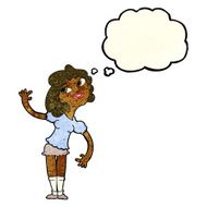 cartoon woman waving with thought bubble N69