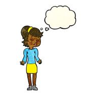 cartoon woman shrugging shoulders with thought bubble N98