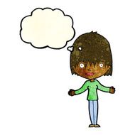 cartoon woman shrugging shoulders with thought bubble N99