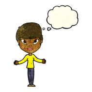cartoon woman shrugging shoulders with thought bubble N100