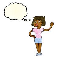 cartoon woman waving with thought bubble N70