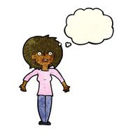 cartoon woman shrugging shoulders with thought bubble N101