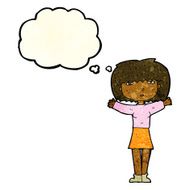 cartoon woman raising arms in air with thought bubble N3