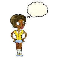 cartoon happy woman in short skirt with thought bubble N3
