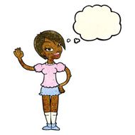 cartoon waving woman with thought bubble N34