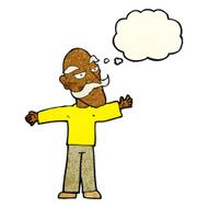 cartoon old man spreading arms wide with thought bubble N3