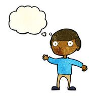 cartoon waving man with thought bubble N9