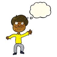 cartoon happy man waving with thought bubble N8