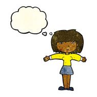 cartoon woman shrugging shoulders with thought bubble N102