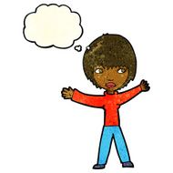 cartoon waving woman with thought bubble N35