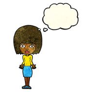 cartoon woman shrugging shoulders with thought bubble N103
