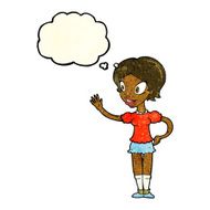 cartoon waving woman with thought bubble N36
