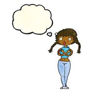 cartoon offended woman covering herself with thought bubble N3