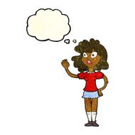 cartoon worried woman waving with thought bubble N3