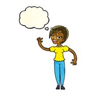 cartoon woman waving with thought bubble N71