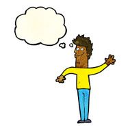 cartoon happy waving man with thought bubble N3