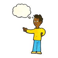 cartoon shocked boy pointing with thought bubble N3