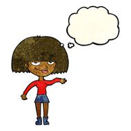 cartoon smug woman making dismissive gesture with thought bubble N3