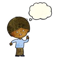 cartoon unhappy boy giving peace sign with thought bubble N3