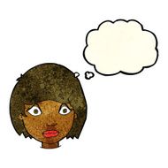 cartoon worried female face with thought bubble N3