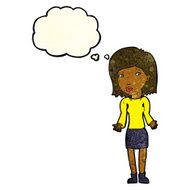 cartoon woman shrugging shoulders with thought bubble N105