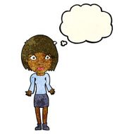 cartoon woman shrugging shoulders with thought bubble N106