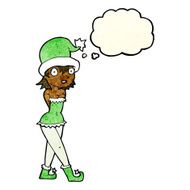 cartoon woman in christmas elf costume with thought bubble N3