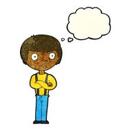 cartoon staring boy with folded arms thought bubble N3