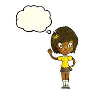 cartoon pretty girl waving with thought bubble N6