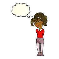 cartoon pretty girl tilting head with thought bubble N3