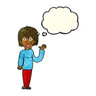 cartoon shocked woman waving hand with thought bubble N3