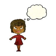 cartoon girl shrugging shoulders with thought bubble N7