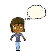 cartoon girl shrugging shoulders with thought bubble N8