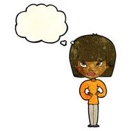 cartoon woman gesturing at herself with thought bubble N3