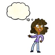 cartoon worried woman pointing with thought bubble N3