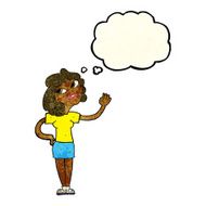 cartoon woman waving with thought bubble N72