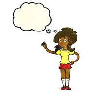 cartoon pretty woman waving for attention with thought bubble N3
