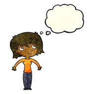 cartoon woman shrugging with thought bubble N13