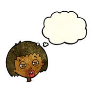 cartoon woman narrowing eyes with thought bubble N3