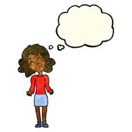 cartoon woman shrugging shoulders with thought bubble N110