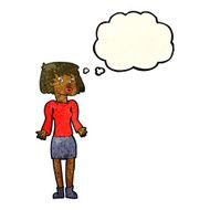 cartoon woman shrugging shoulders with thought bubble N111