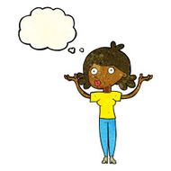 cartoon woman throwing arms in air with thought bubble N3