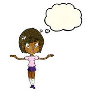 cartoon woman making balancing gesture with thought bubble N3