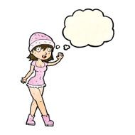 cartoon pretty girl in hat waving with thought bubble N3