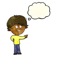 cartoon boy laughing and pointing with thought bubble N3