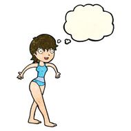cartoon happy woman in swimming costume with thought bubble N3