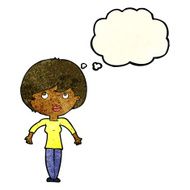 cartoon woman shrugging shoulders with thought bubble N113