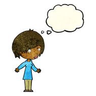 cartoon woman shrugging shoulders with thought bubble N114